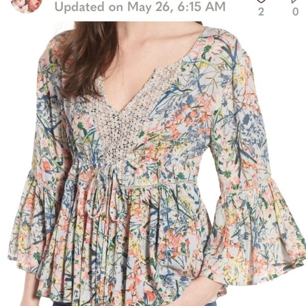 RAGA Womens Floral‎ Crochet V-Neck Bell Sleeve Peplum Top Blue Pink R2797 Size M